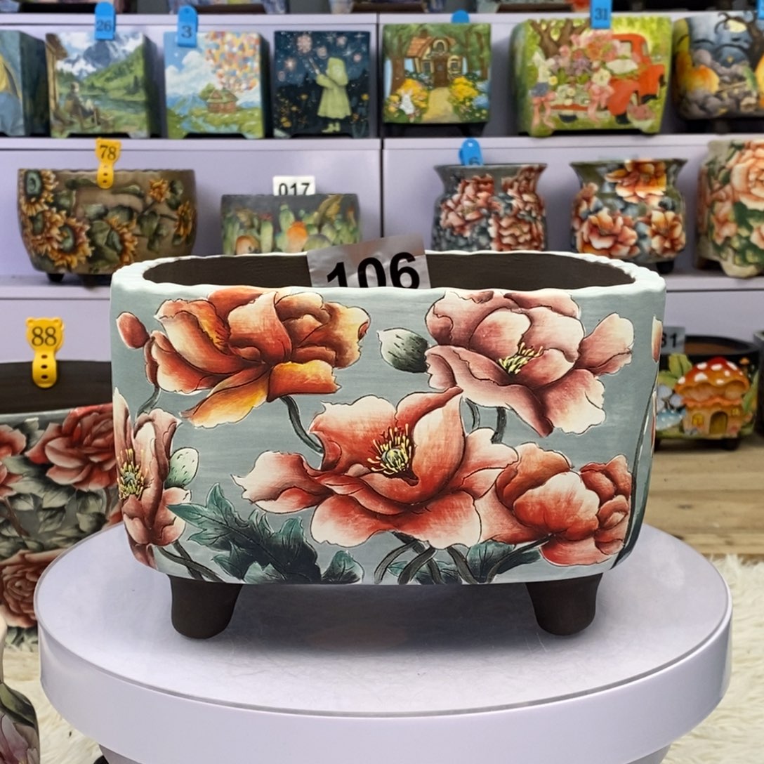 手绘多肉花盆矮方款口19高14