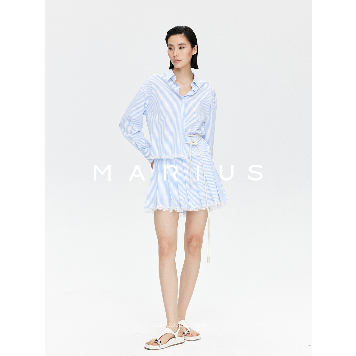 MARIUS進口精梳棉蕾丝拼接衬衫U风减龄套装显瘦压褶半身裙条纹