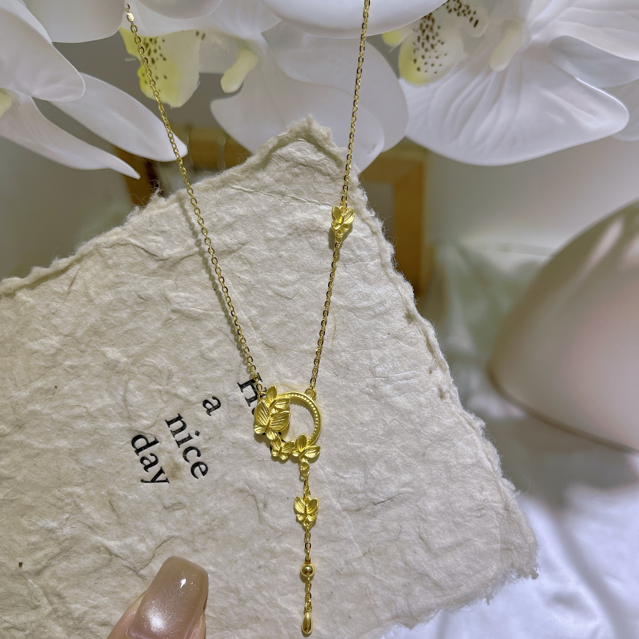 5G工艺足金999甜美气质蝶恋花流苏套链