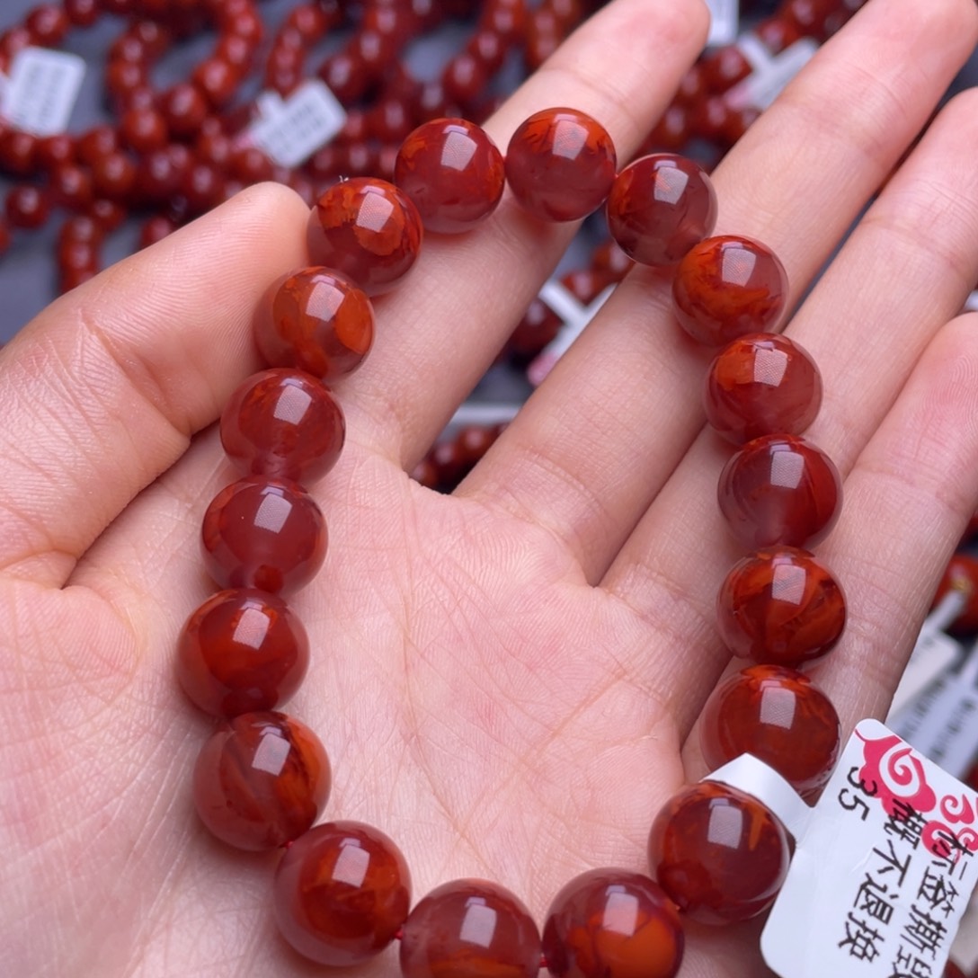 大***棠南红玛瑙未镶嵌其他11mm精品瓦西牛血红妖火焰手串