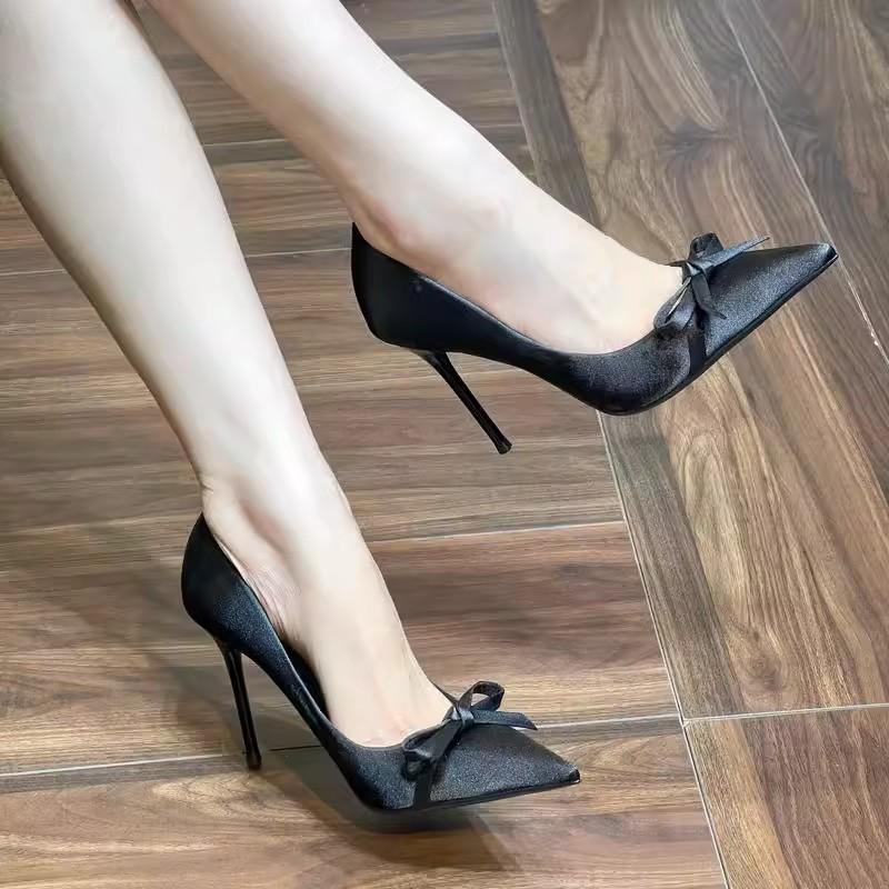 春秋百搭高跟鞋法式气质尖头黑色蝴蝶结绝美配裙子性感名媛单鞋女