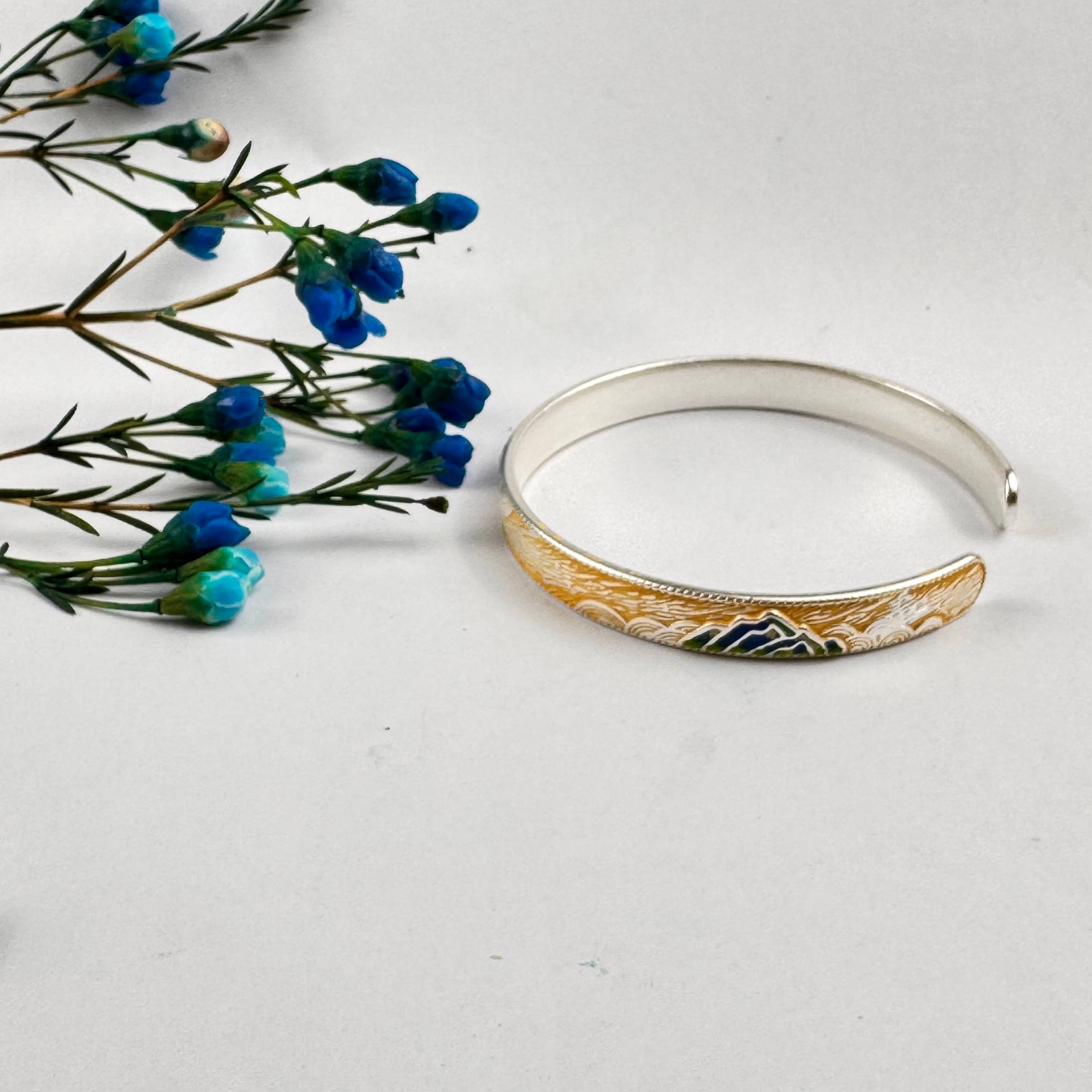 纯银手镯 珐琅彩千里江山手镯足银纯银首饰