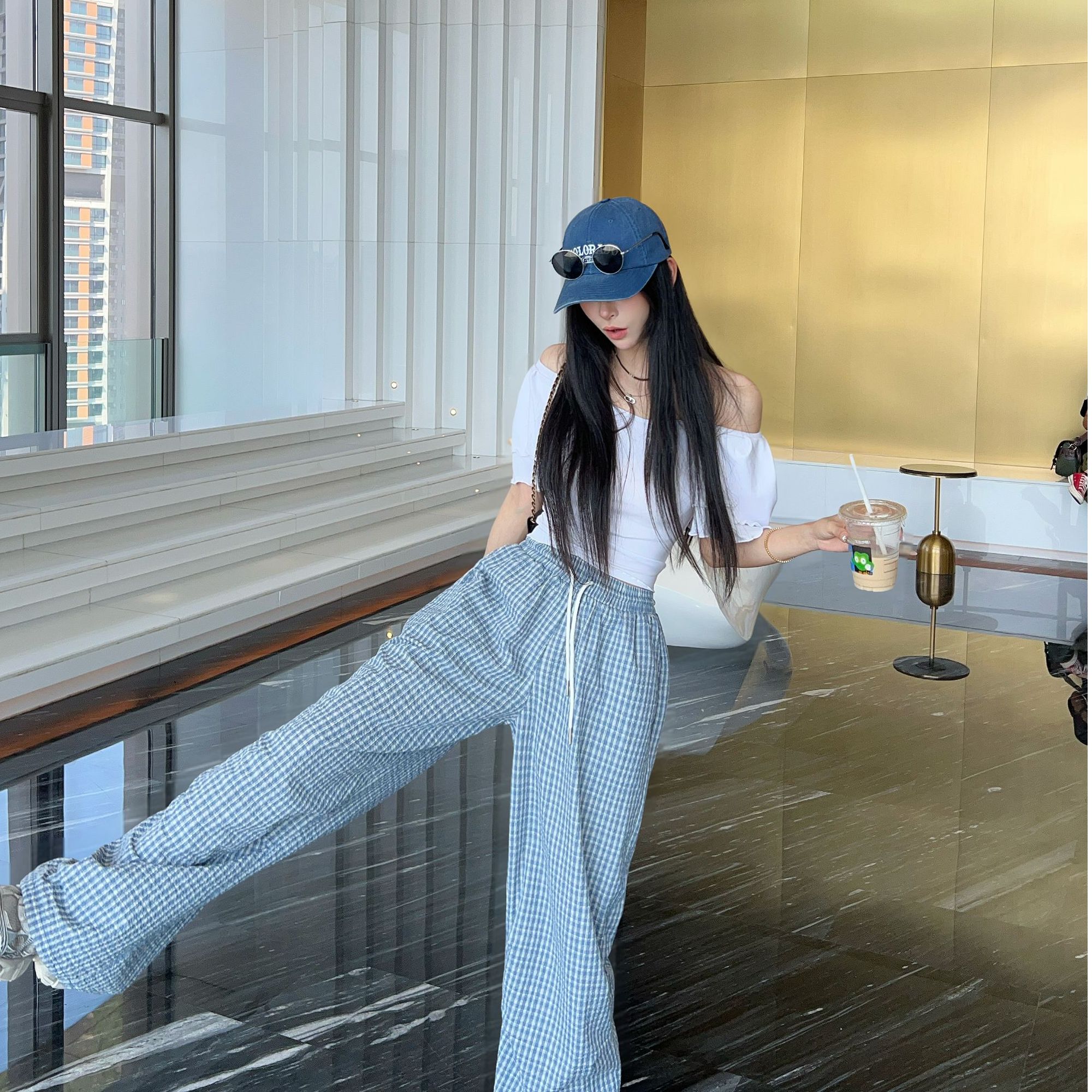 21DEGREES 【云上香草】白色双层木耳边T恤格纹撞色宽松休闲裤