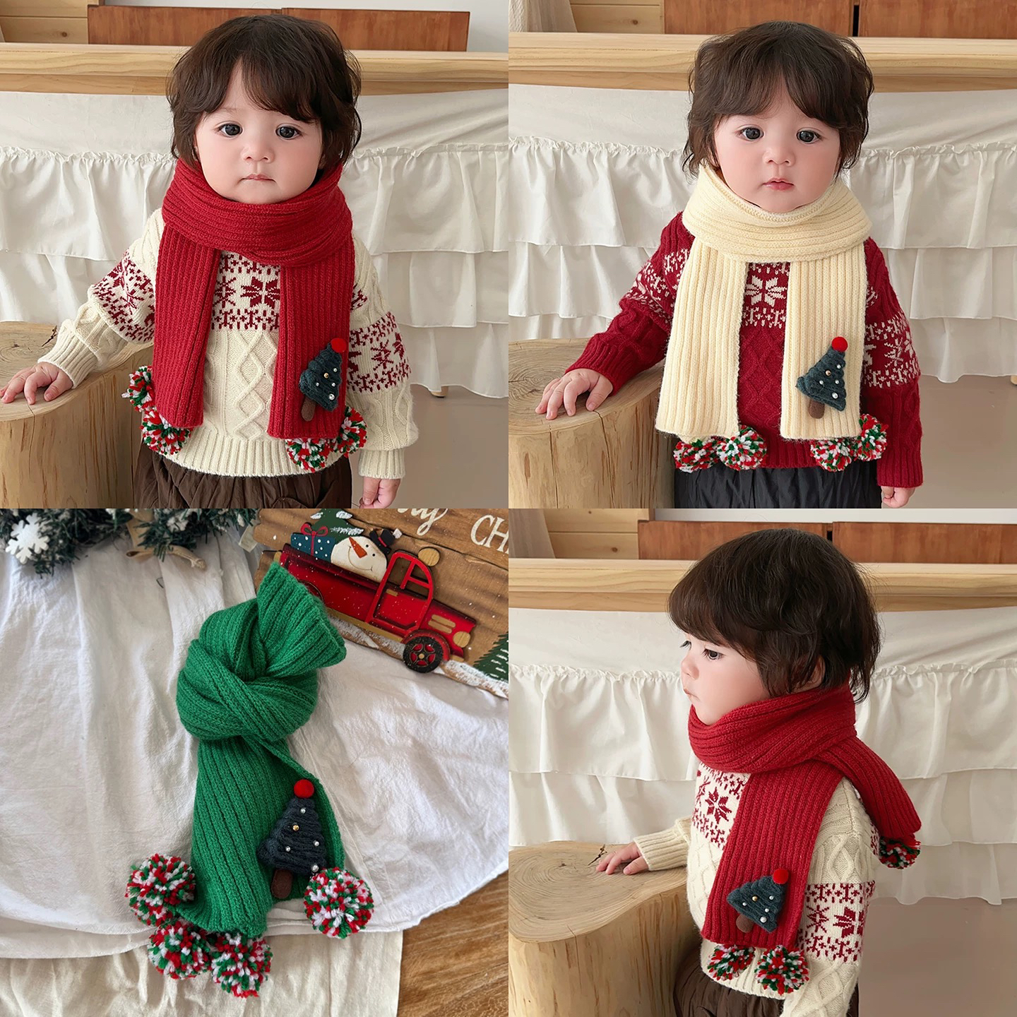 圣诞节儿童围巾冬季纯色百搭针织毛线球装饰保暖百搭男女宝宝围脖