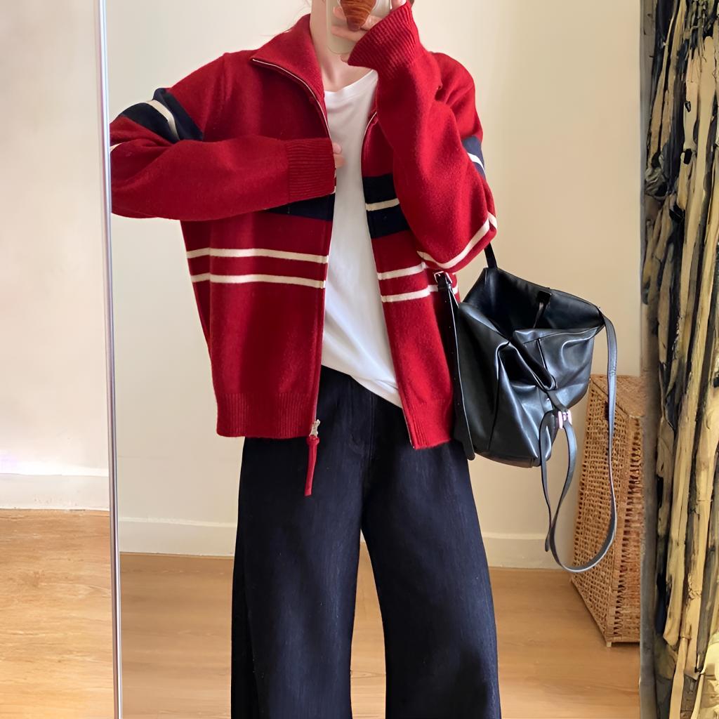 条纹开衫高领套头时尚简约大气韩版气质风长袖针织撞色1911