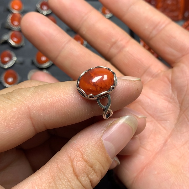 南红玛瑙戒指银S925镶嵌