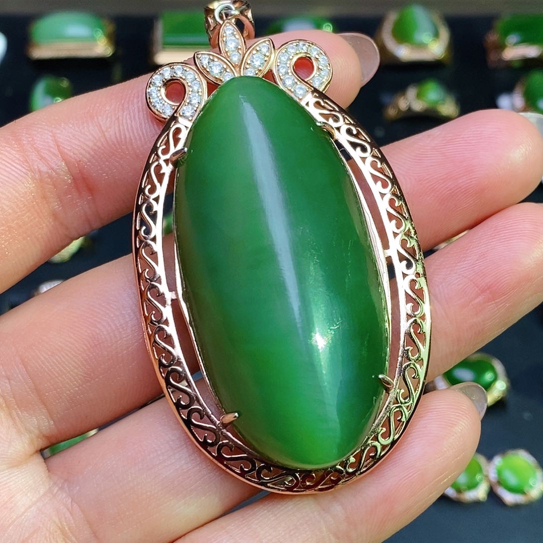 和田玉（碧玉）吊坠银S925镶嵌