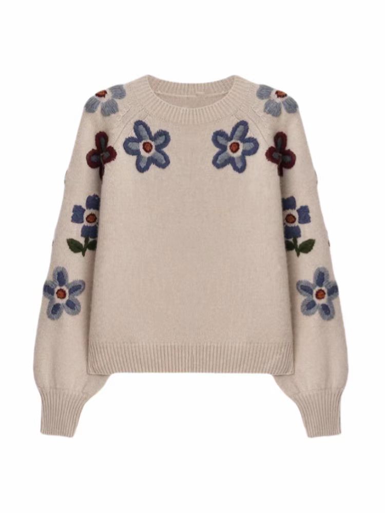 春季新款重工绣花时尚休闲复古刺绣圆领套头毛衣007