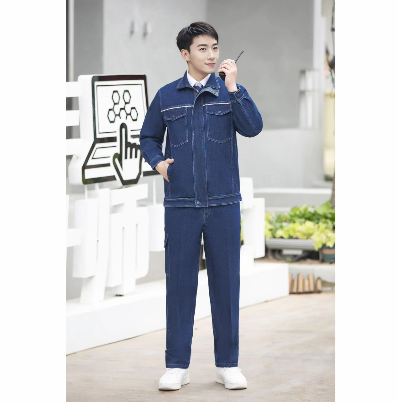 纯棉牛仔加厚春秋工作服立领款套装耐磨电焊车间焊工工作服可定制