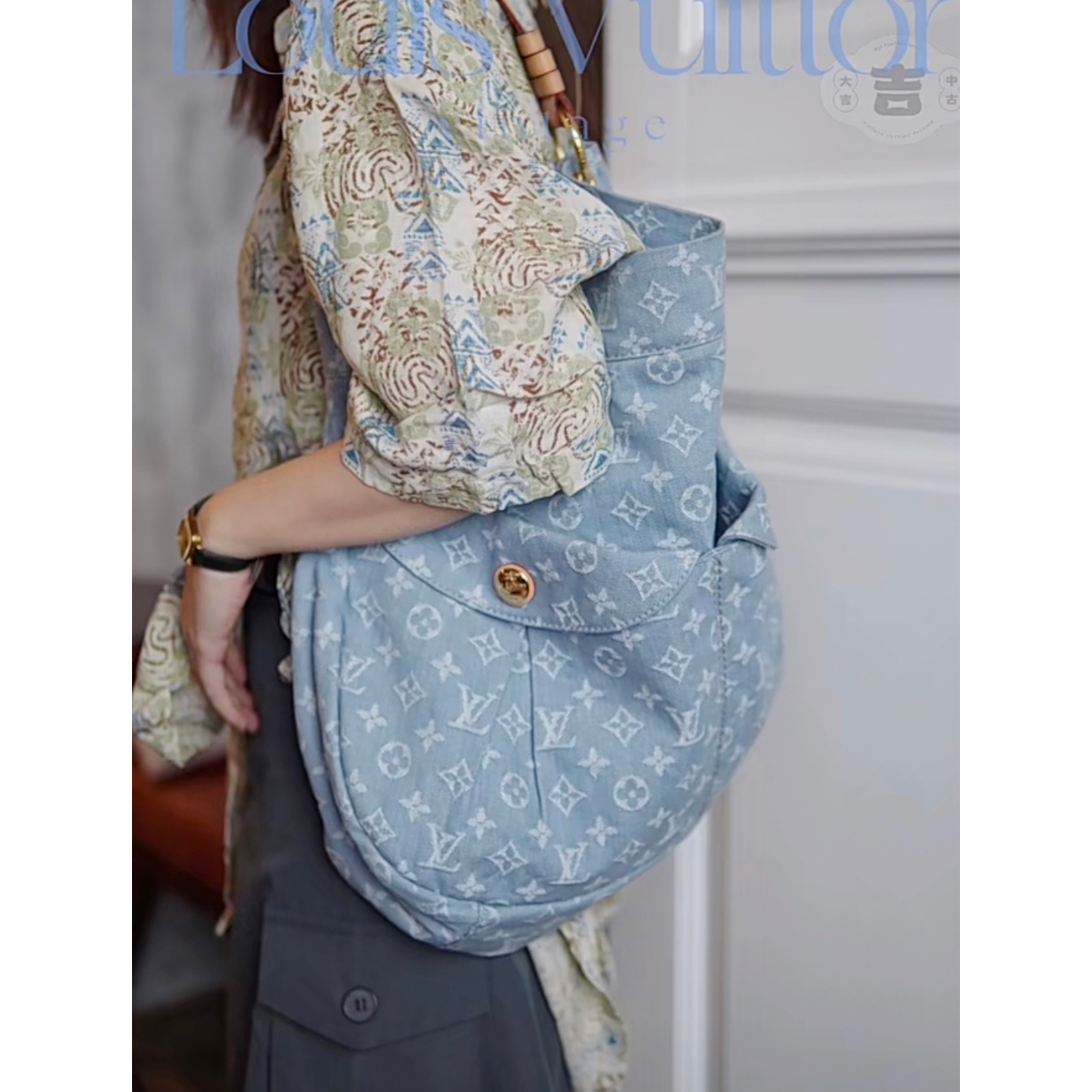 95新 LouisVuitton/路易威登 大吉中古/Lv浅蓝丹宁hobo单肩包
