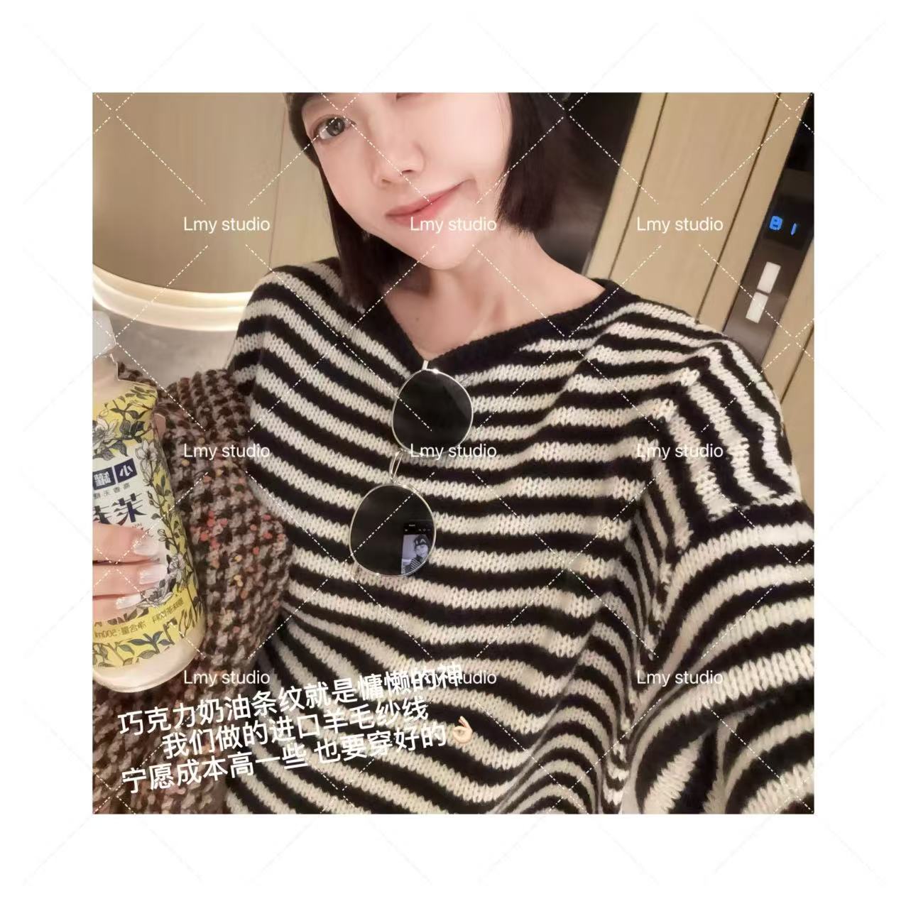 100进口羊毛纱线巧克力奶油条纹毛衣慵懒感的神