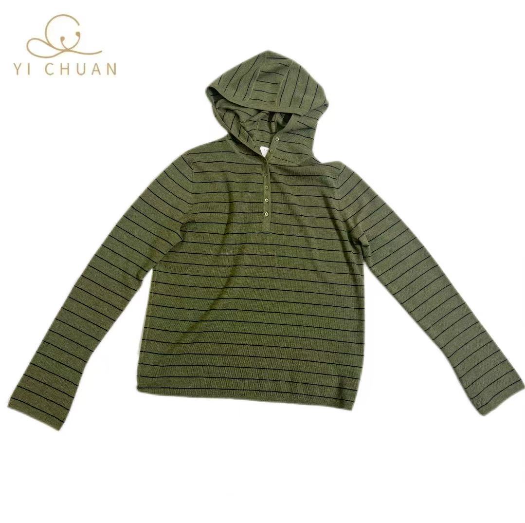 条纹时尚薄款冬季毛针织衫连帽秋季女长袖针织打底衫