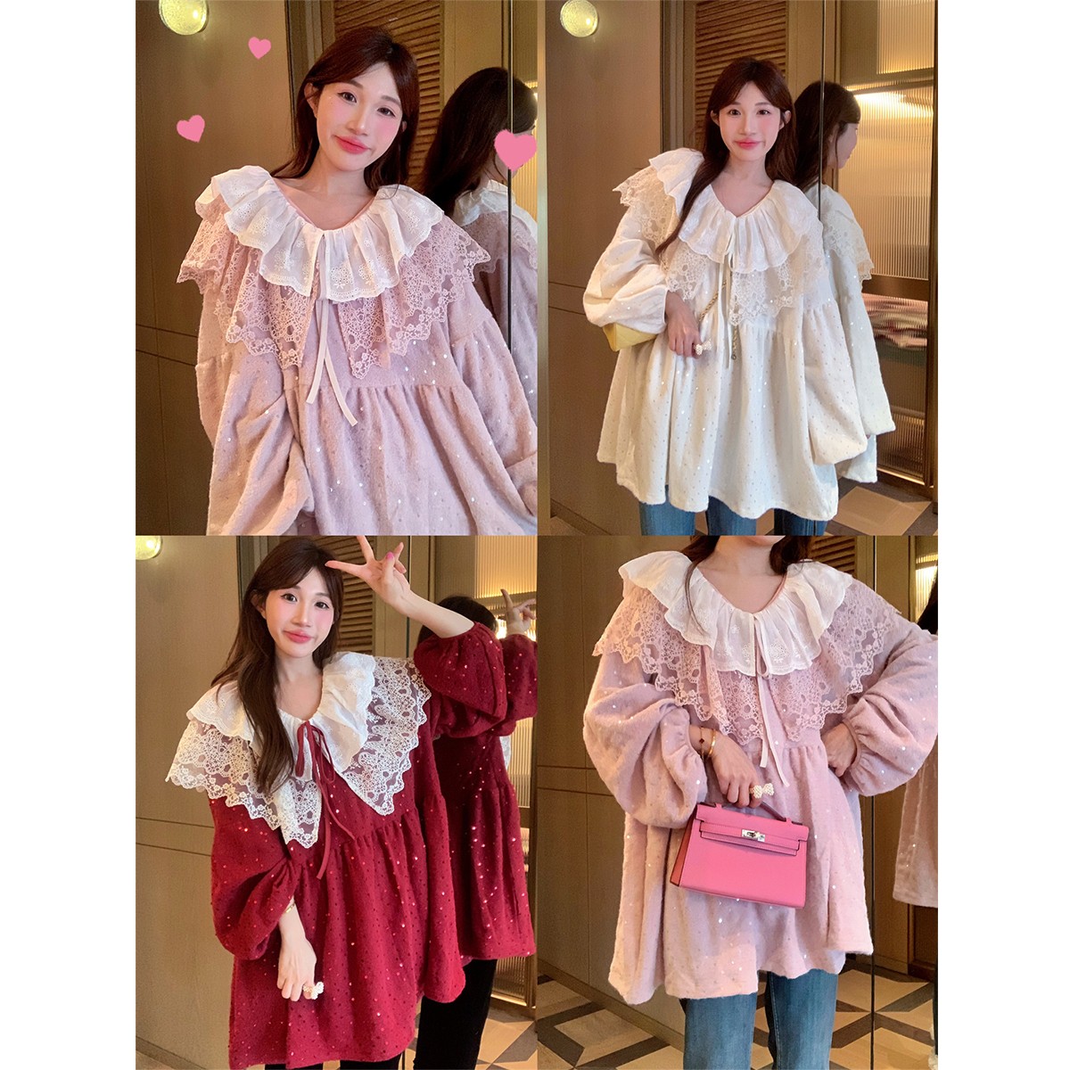 JENNIFER JXLIU韩版 冬～超美蕾丝花边领宽松娃娃款亮片衬衫上衣女