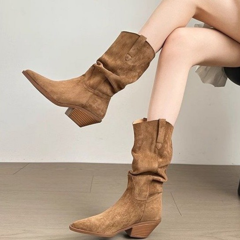 法式复古尖头粗跟堆堆靴女2025春秋新款中筒靴西部牛仔靴外穿短靴