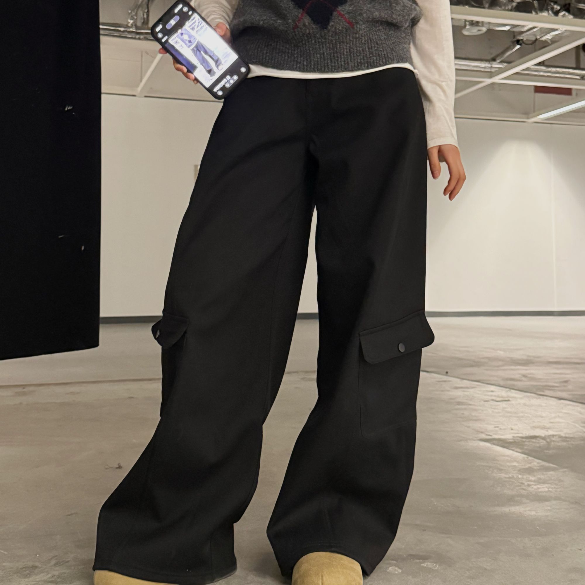 加绒女士工装裤弯刀裤阔腿裤加厚冬季韩版