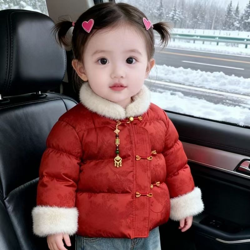 公主拜年服喜庆加厚棉袄童装中国风洋气冬季加绒唐装女童红色外套