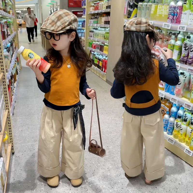 女童秋款套装2025新款秋装宝宝洋气马甲长袖打底衫儿童马甲阔腿裤