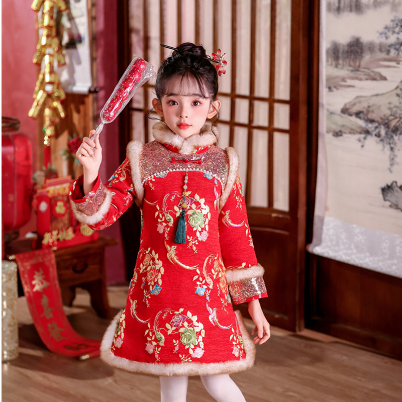 女童旗袍裙子新款中国风拜年服冬季夹棉加厚连衣裙新中式过年喜庆