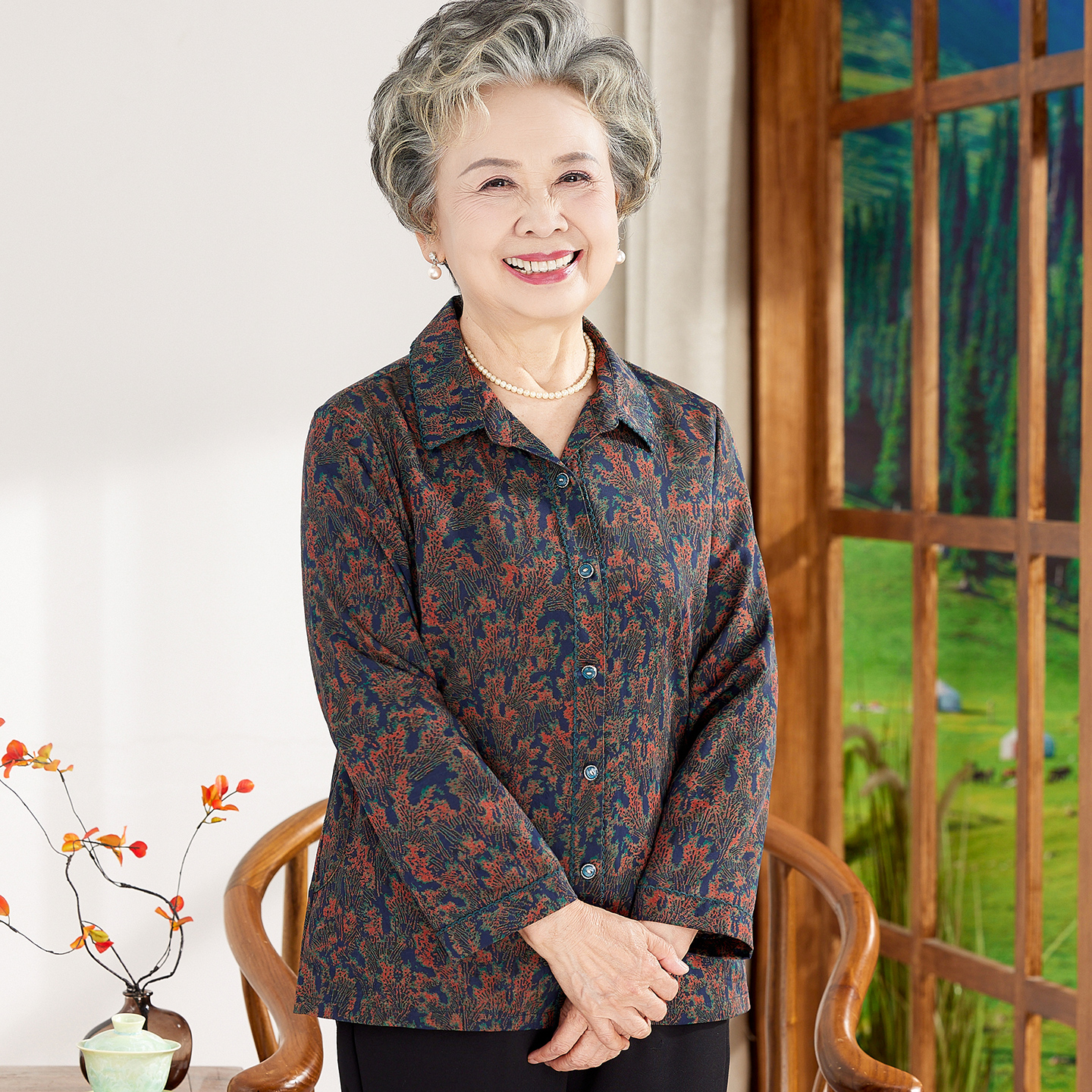 中老年人秋装女奶奶长袖衬衫60岁70中老年妈妈秋季老太太薄款外套