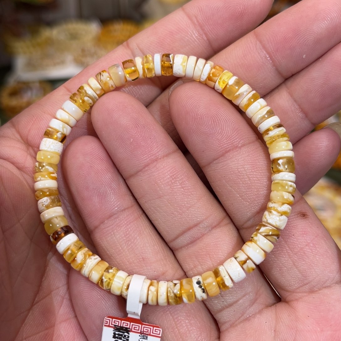 卜***霸蜜蜡未镶嵌手链沁色奥利奥溶洞拉丝纹6.0mm