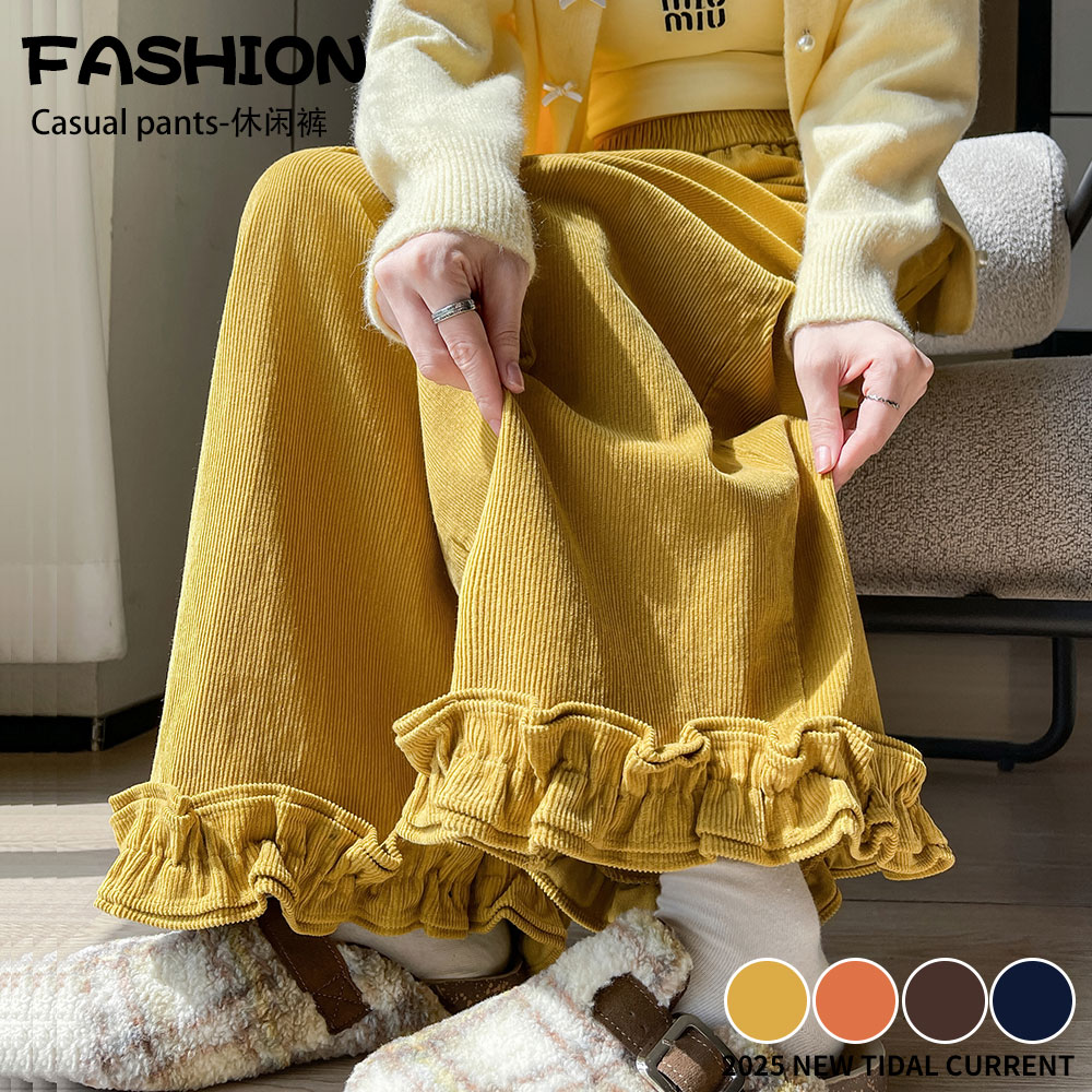 灯芯绒木耳边阔腿裤女秋冬森系甜美垂感软糯直筒裤小个子休闲裤子