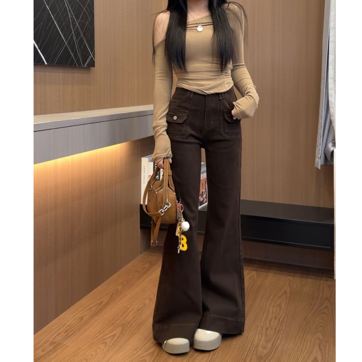 273咖色微喇牛仔裤女2025秋季新款高腰显瘦显腿长喇叭拖地长裤