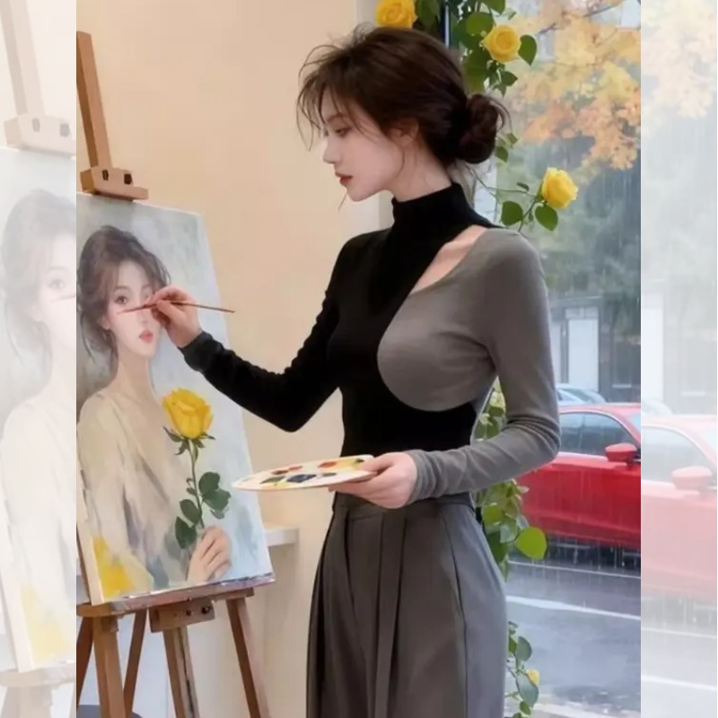 秋冬新款半高领镂空拼色长袖T恤女修身显瘦打底衫内搭可外穿上衣