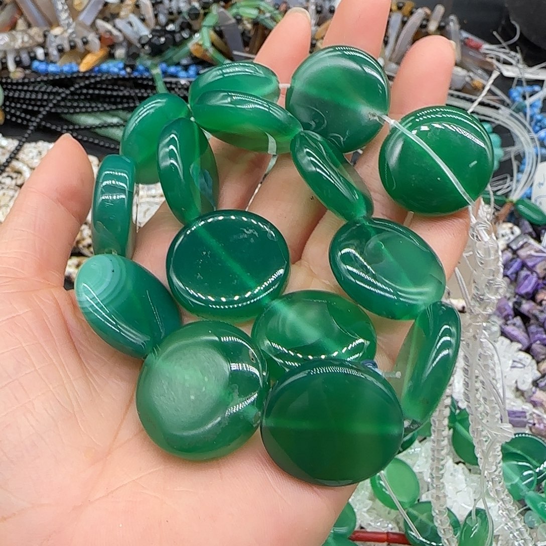 玛瑙/玉髓合金珠宝半成品绿玛瑙圆饼19mm一条