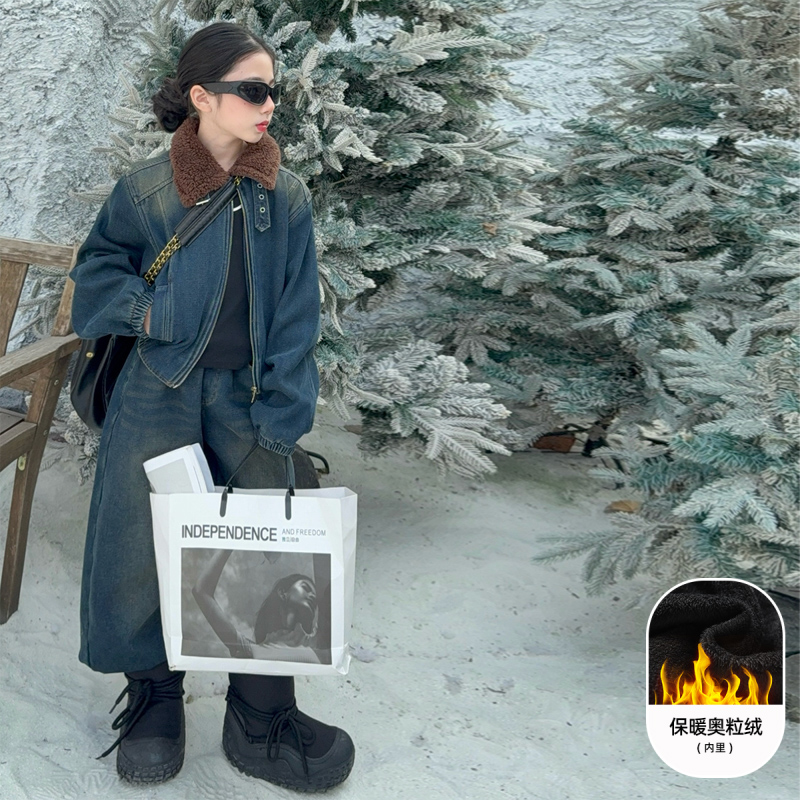 女童2025冬季复古机车翻领拼接牛仔加棉夹克外套宽松阔腿裤套装潮