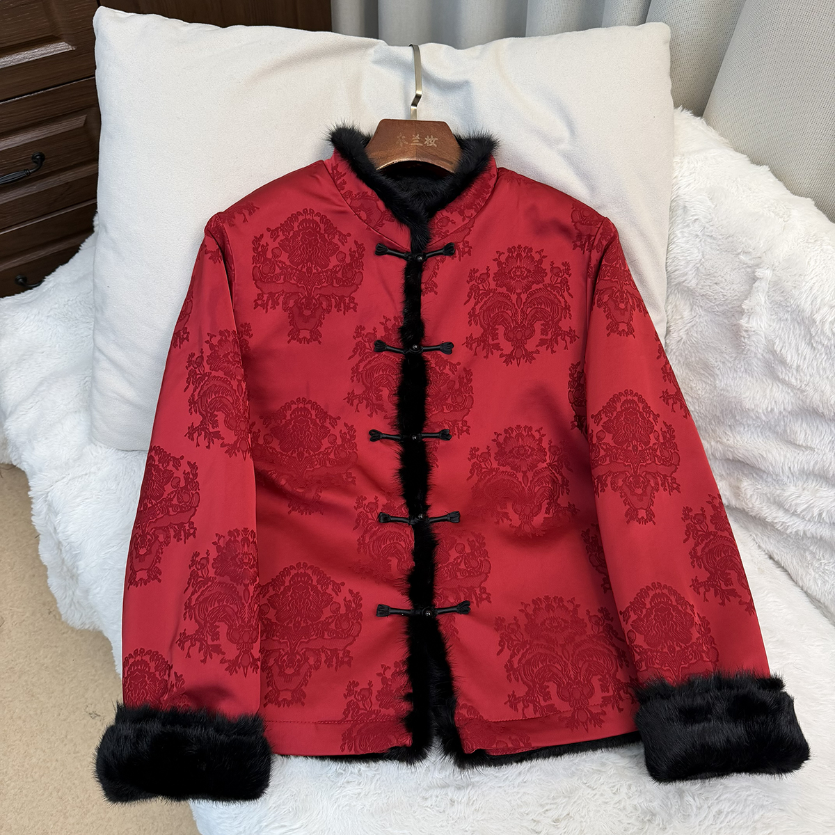 【福韵绒】女装冬款外套水貂毛香云老料新中式立领提花百搭风双穿女