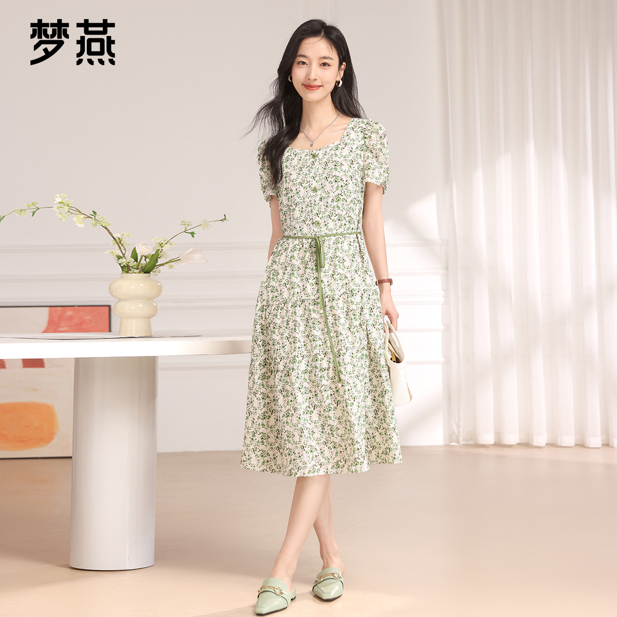 梦燕夏季女款时尚百搭气质碎花宽松休闲舒适优雅连衣裙BB02B3081