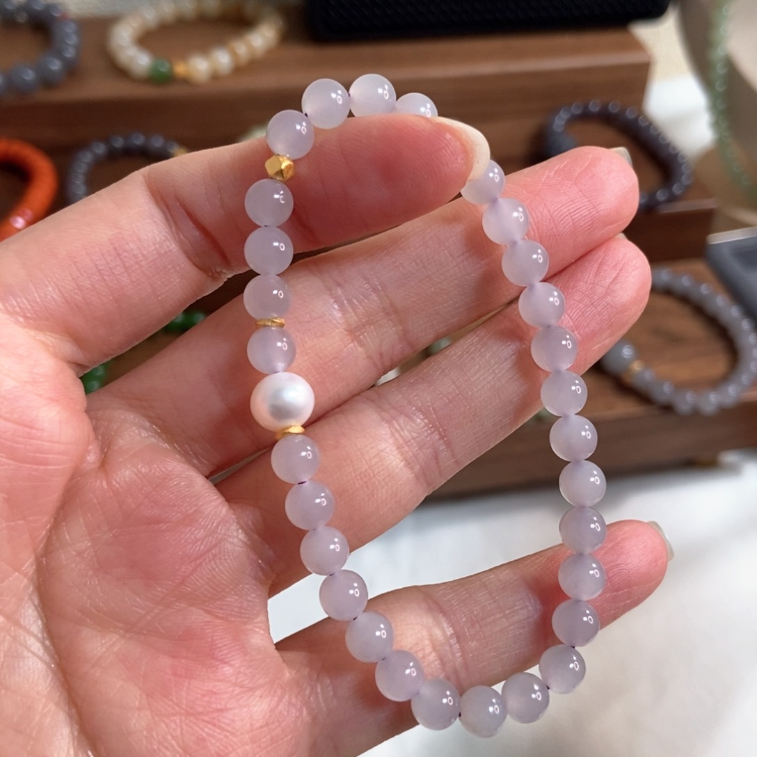 和田玉手链银S925镶嵌6mm浅冰紫