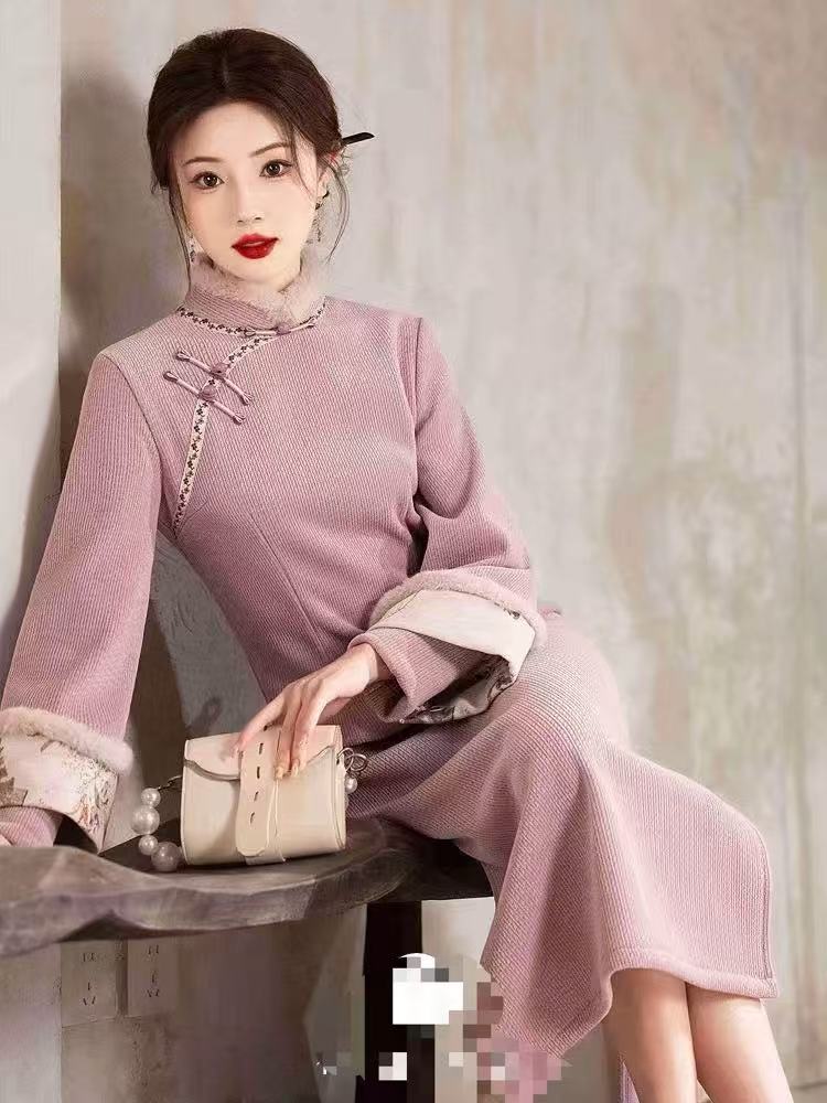 1397  紫色 冬款  毛领  加绒   旗袍