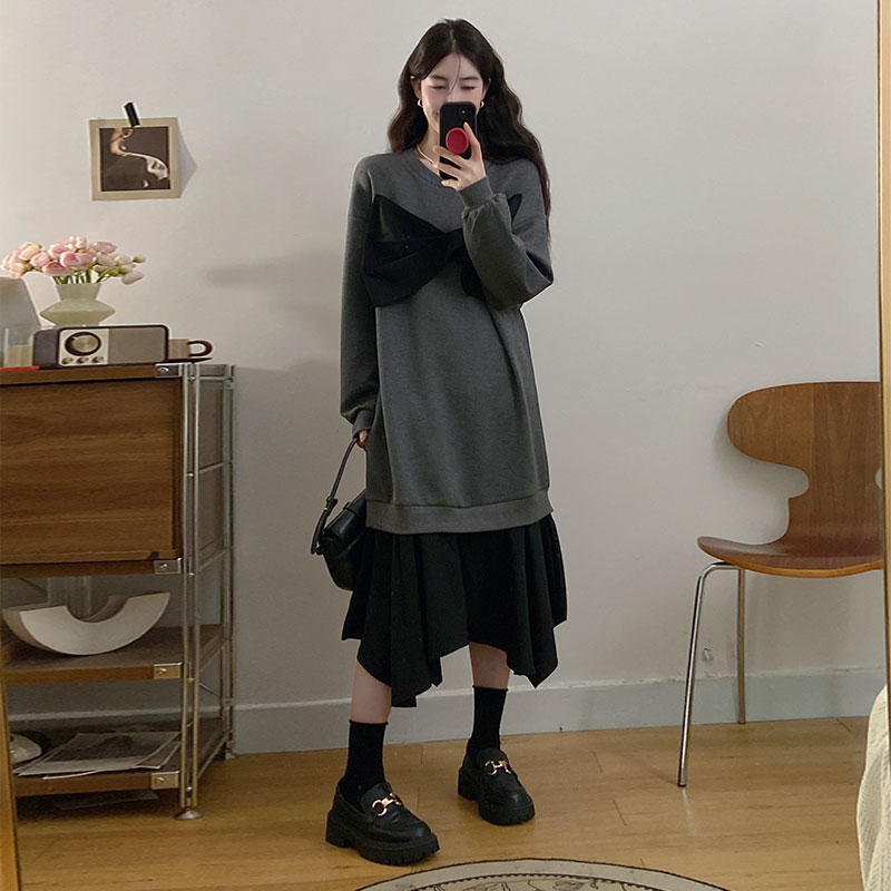 法式长款卫衣连衣裙女小个子2025新款秋冬季超好看假两件大码裙子