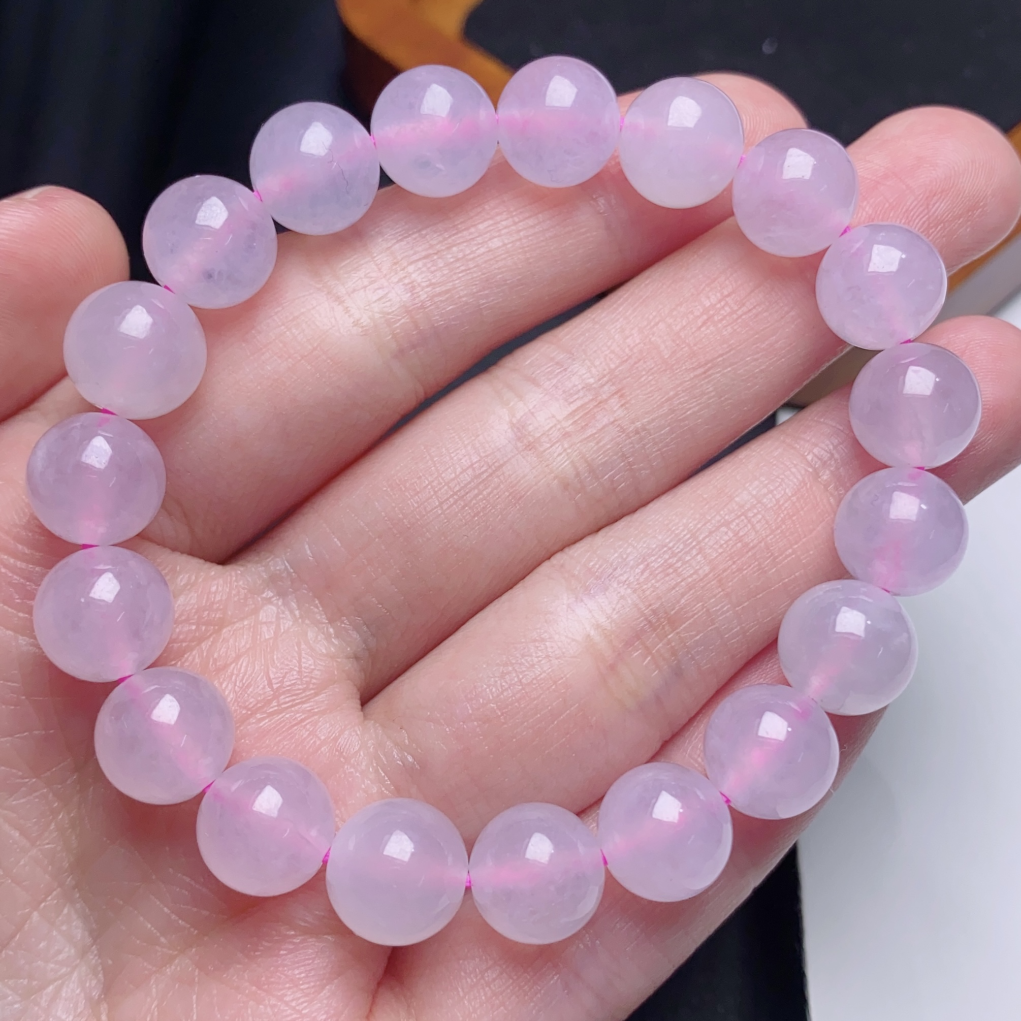 缅甸天然翡翠A货冰种粉紫罗兰圆珠手链卡10mm粉色冰透天然粉