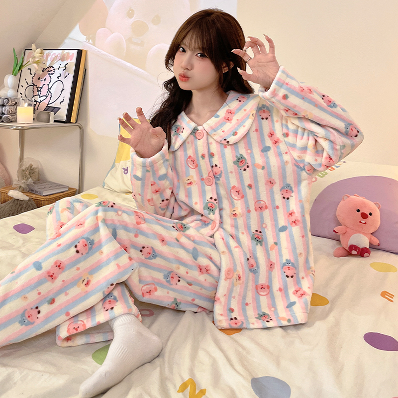 新款睡衣女冬季绒款条纹卡通加厚保暖可外穿家居服绒套装休闲裤子