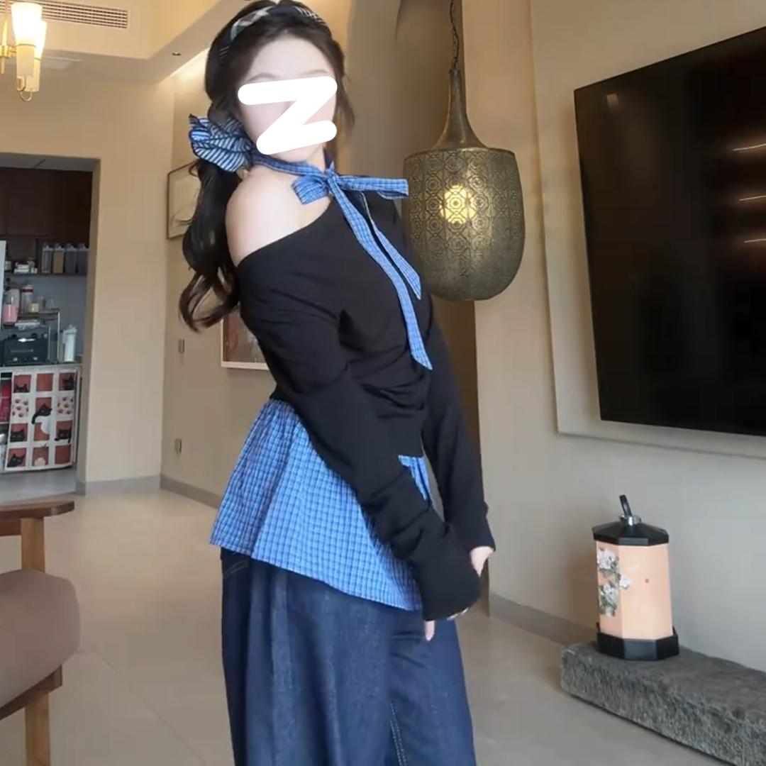 【8158】胖mm韩系撞色格子拼接T恤女秋冬小众设计感露肩长袖上衣