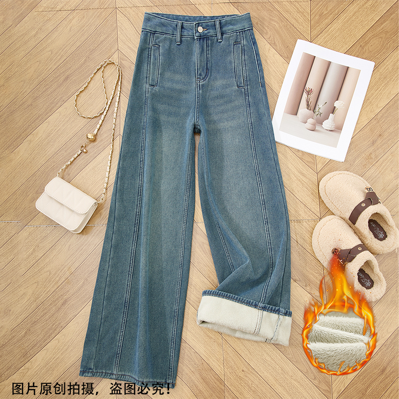 【单裤/加绒】韩版牛仔裤女款爆款2025秋冬新款高腰阔腿显瘦裤子