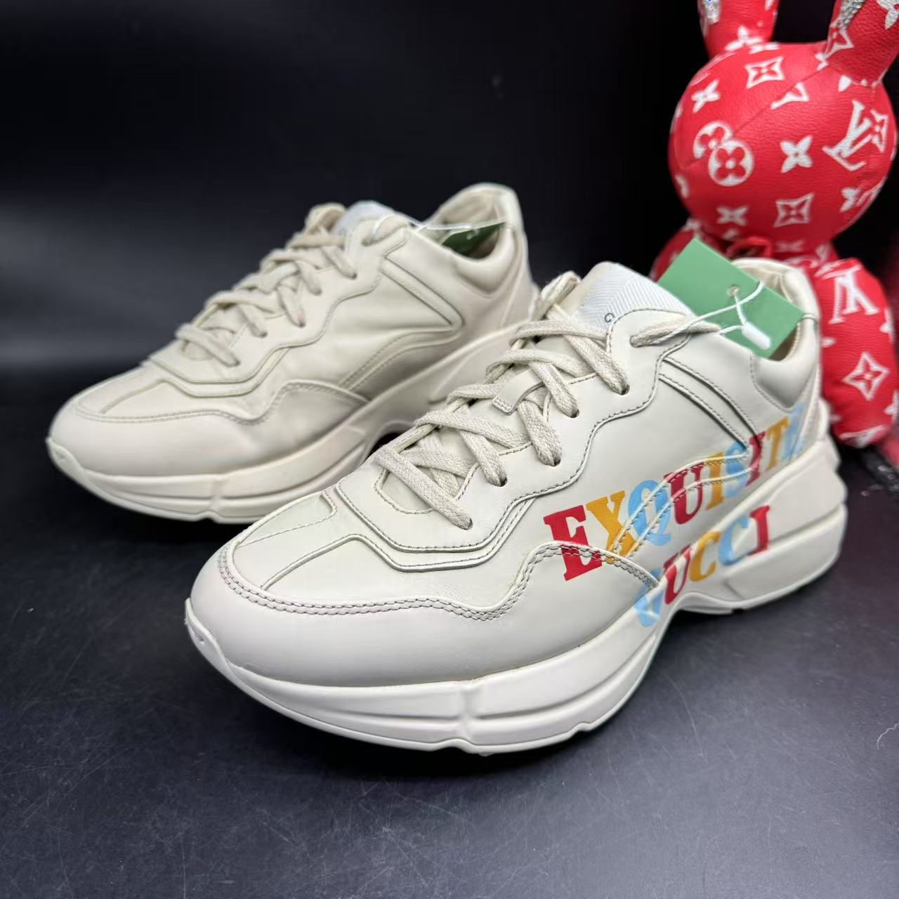 95新 GUCCI/古驰 【AO特惠】38欧码 男米白英文印花厚底老爹鞋ao501