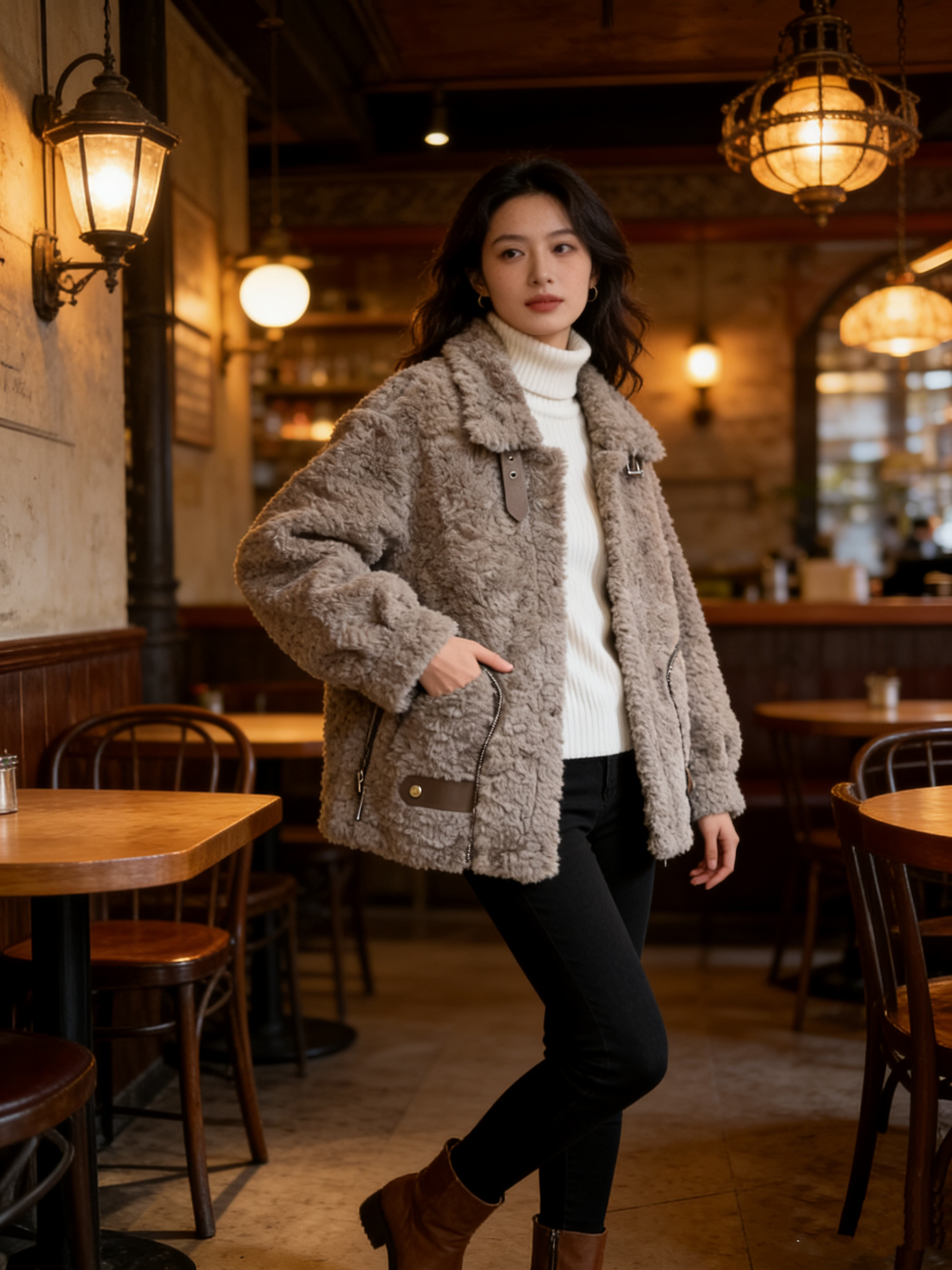 012-韩版宽松秋冬新款百搭加厚一体毛绒保暖上衣外套女长袖