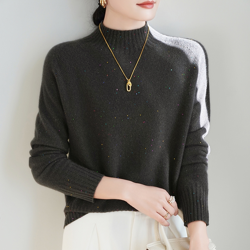 2024冬季新款纯羊毛一线成衣针织衫加厚半高领套头五彩珠片针织衫