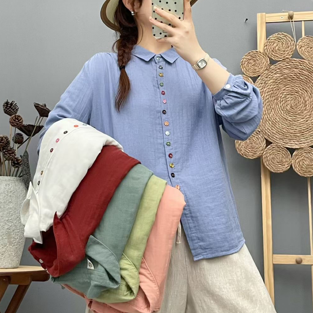 初秋新款纯色简约百搭显瘦单排扣棉纱女款衬衫