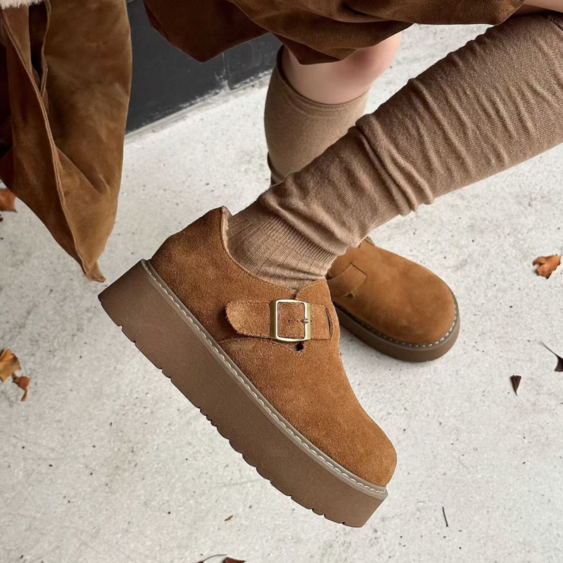 真皮加绒勃肯鞋女冬季新款磨砂皮厚底百搭复古毛毛鞋轻便女鞋7970