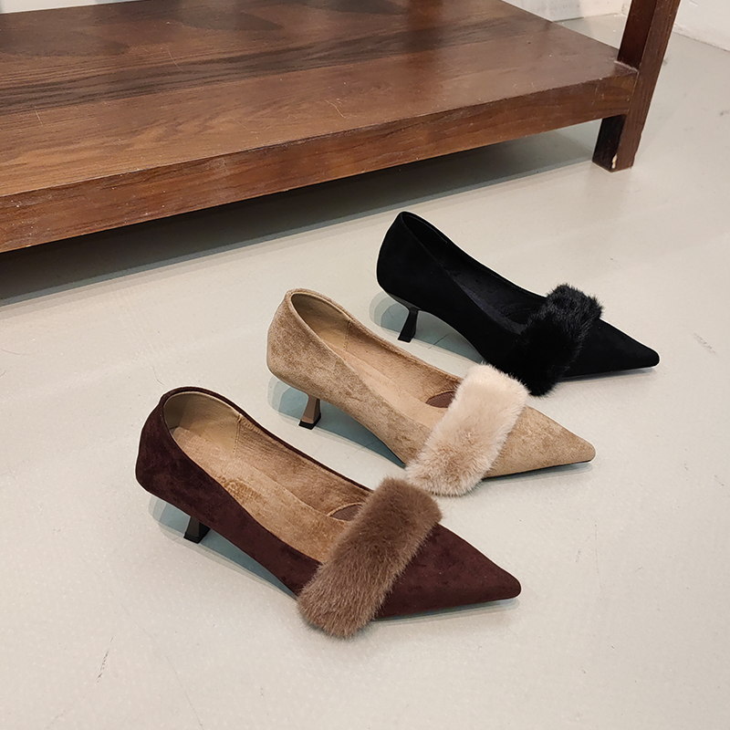 尖头时尚毛毛鞋女2025新款冬季复古加绒单鞋一脚蹬浅口细跟高跟鞋