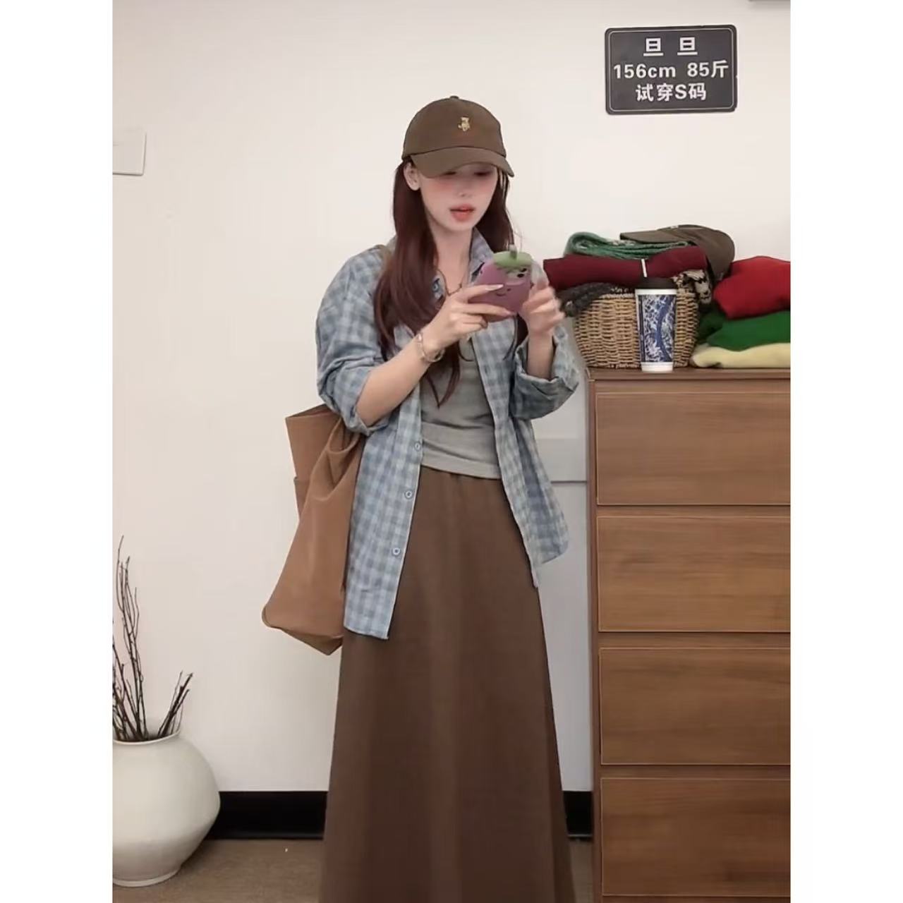 韩系复古磨毛外套蓝格子衬衫女春新款宽松叠穿休闲衬衣POLO领