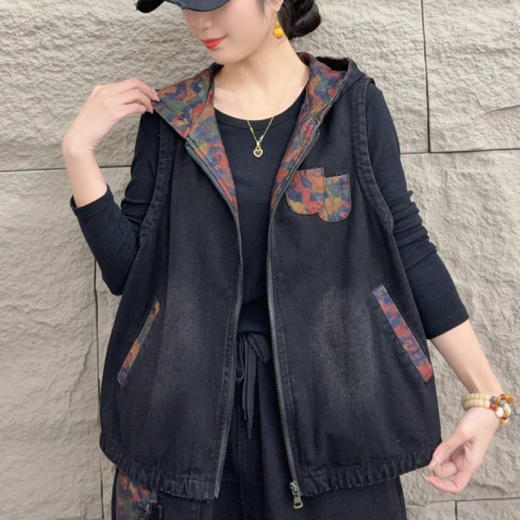 【木木新品】047#花色连帽牛仔马甲