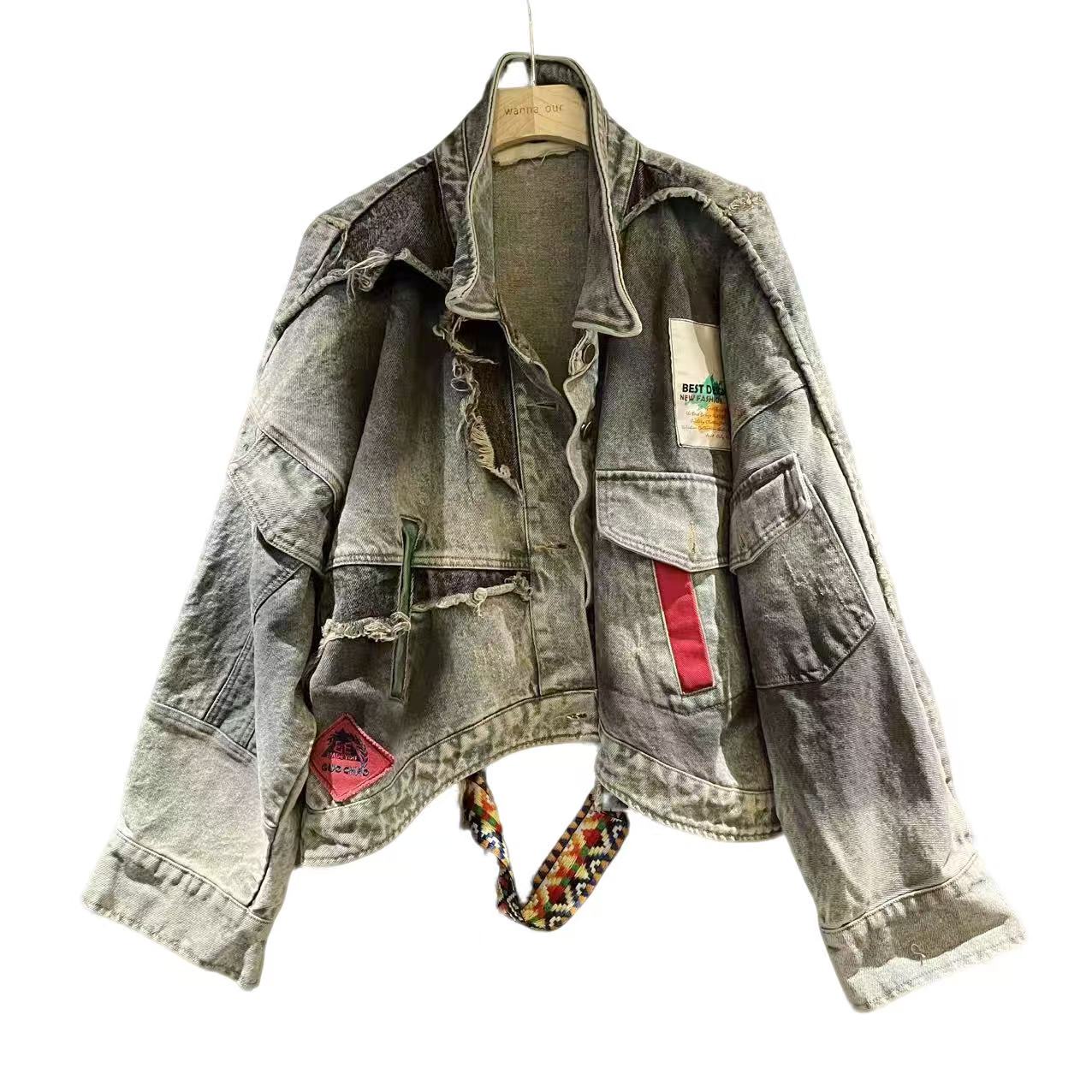 复古撞色拼接贴布logo牛仔上衣