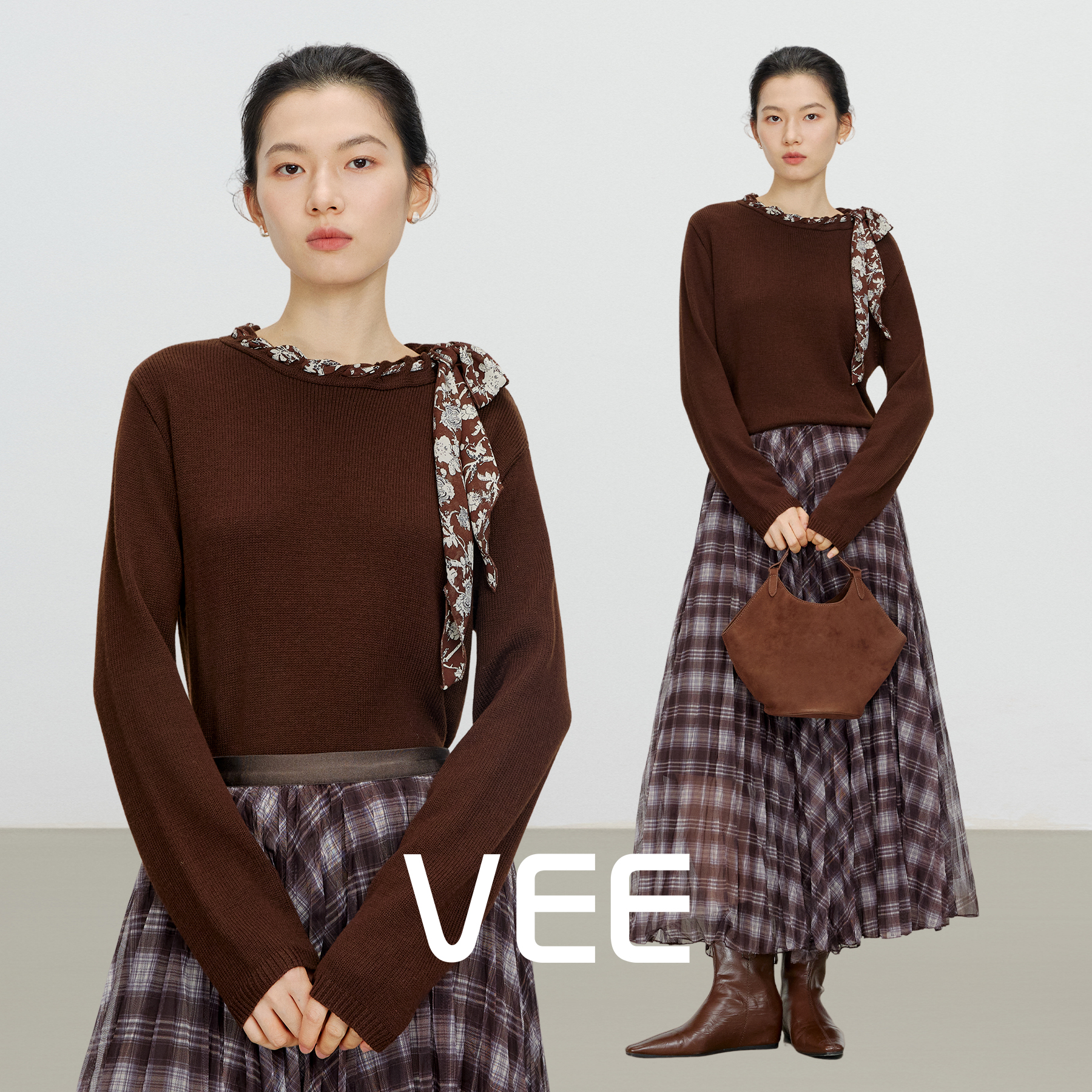 VEE【牵丝戏】新款羊毛混纺丝带设计套头复古毛衣针织衫