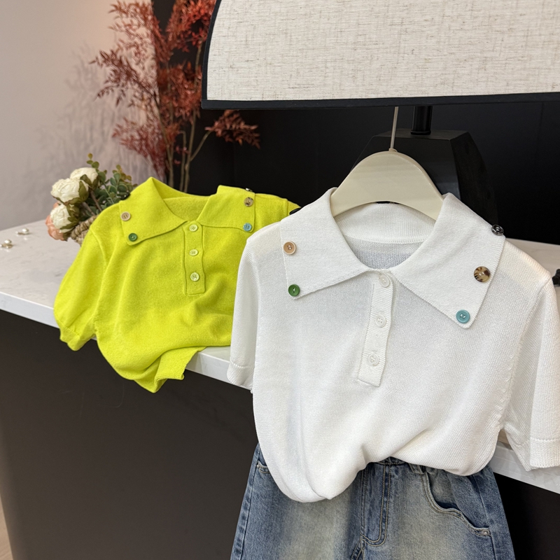 【现货】leomama女童彩扣针织衫夏季洋气甜美女孩短袖上衣夏装T恤