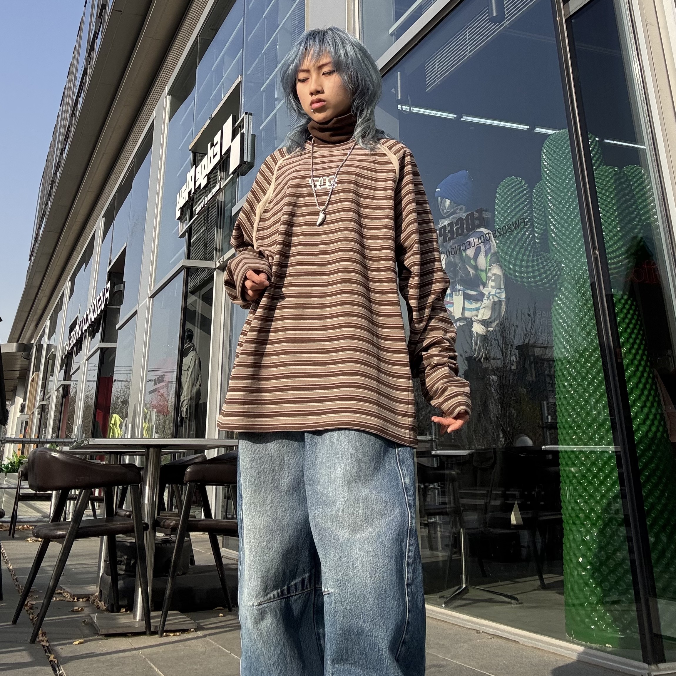 247CD撞色条纹拼接长袖潮牌美式街头圆领T恤上衣男 